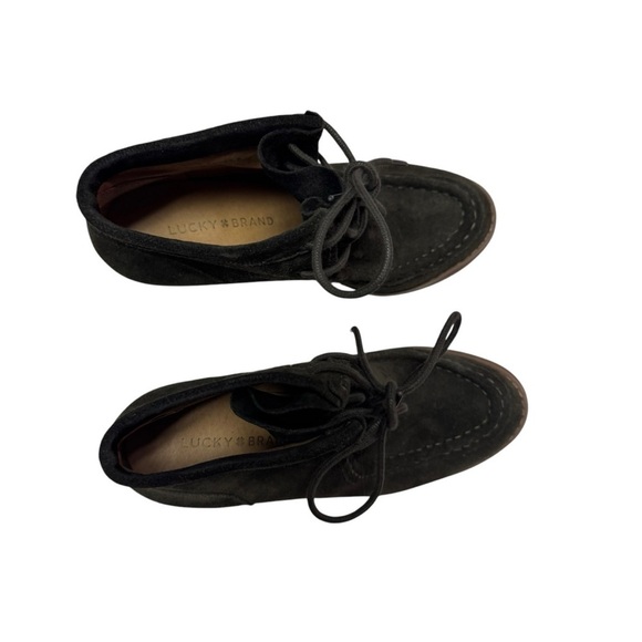 Women’s 7.5M. Lucky Brand Ysabel Booties Green Suede Leather Wedge Ankle Boots - Picture 3 of 8